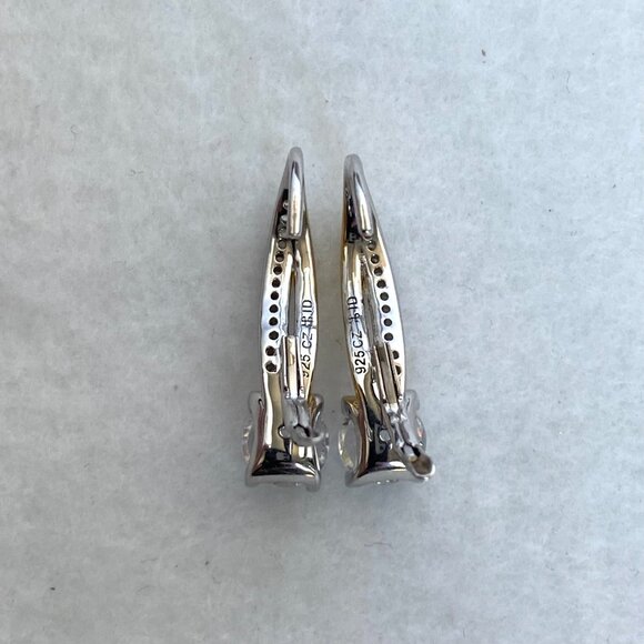 Sterling Silver 925 Round Cubic Zirconia Vermeil Two-tone Leverback Earrings - Picture 8 of 16